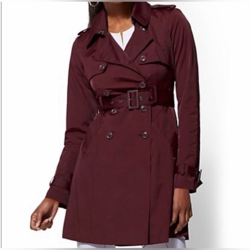 New York & Company Burgundy Double-Breasted Trench with Belted Waist